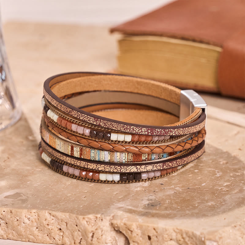 Boho Vintage Mehrlagiges Lederperlenarmband - Khaki - image 4