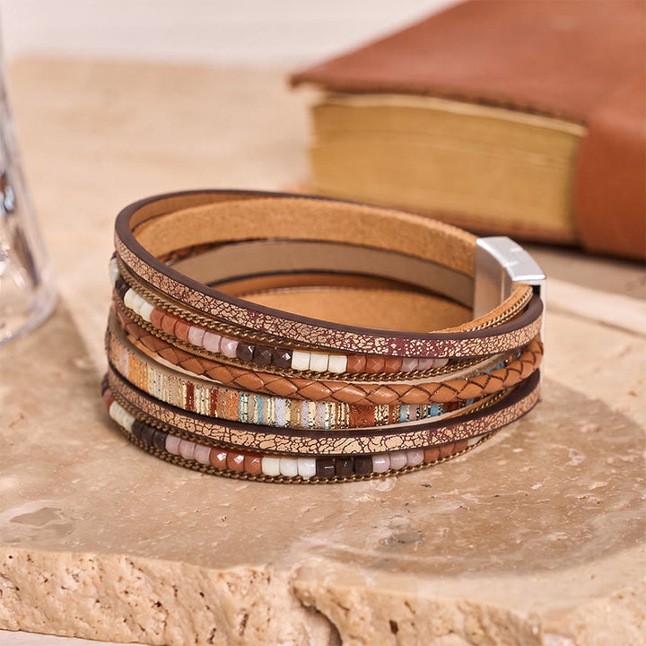 Boho Vintage Mehrlagiges Lederperlenarmband - Khaki - image 4
