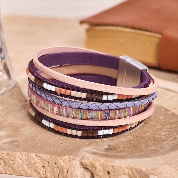Boho Vintage Mehrlagiges Lederperlenarmband - Lila - image 9
