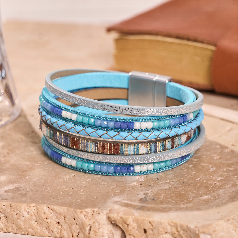 Boho Vintage Mehrlagiges Lederperlenarmband - Hellblau - image 5