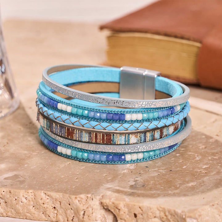 Boho Vintage Mehrlagiges Lederperlenarmband - Hellblau - image 5