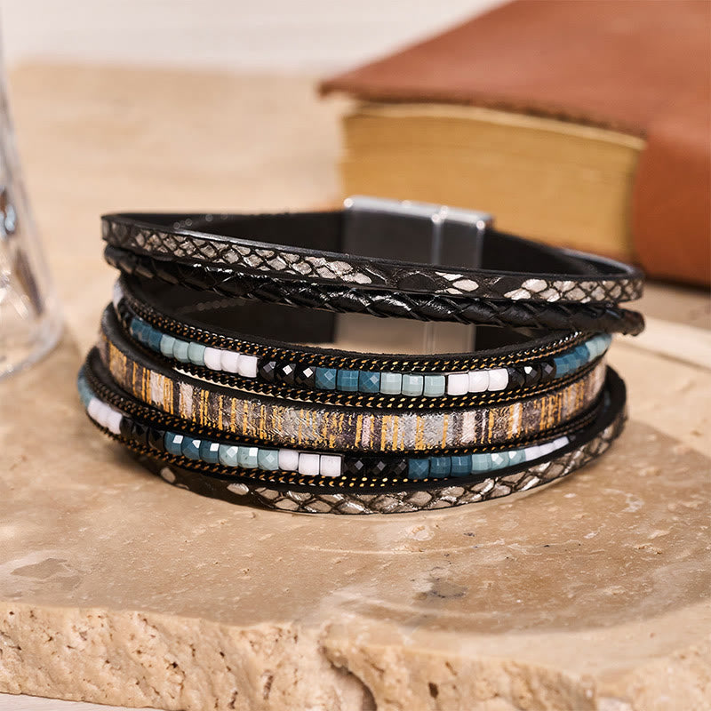 Boho Vintage Mehrlagiges Lederperlenarmband - Schwarz - image 2