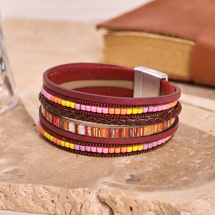 Boho Vintage Mehrlagiges Lederperlenarmband - Rot - image 11