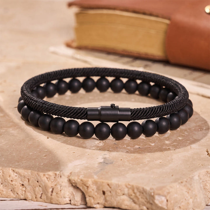 Vintage-Armband-Set für Herren, zweiteilig, aus Leder und Naturstein - Schwarz - image 6