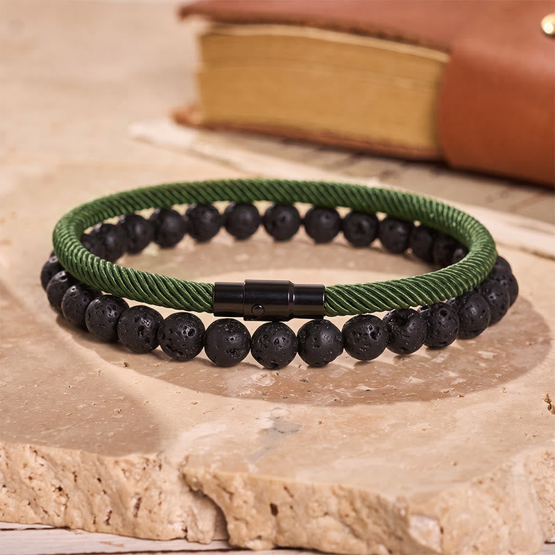 Vintage-Armband-Set für Herren, zweiteilig, aus Leder und Naturstein - Armeegrün - image 10