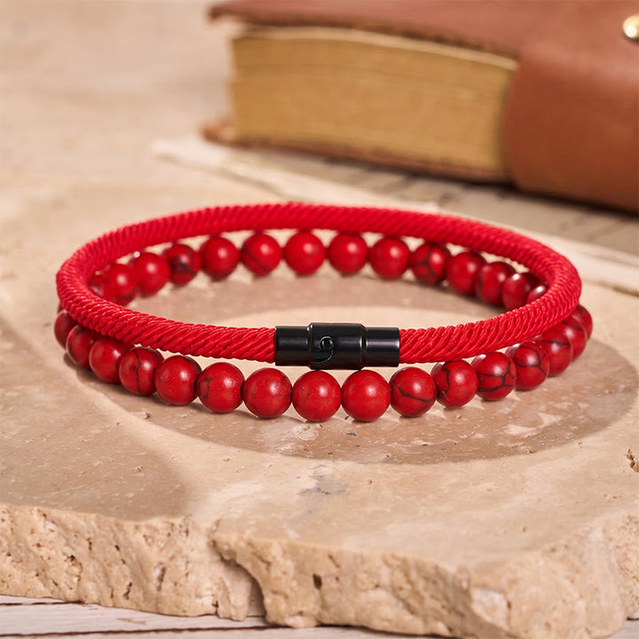 Vintage-Armband-Set für Herren, zweiteilig, aus Leder und Naturstein - Rot - image 3