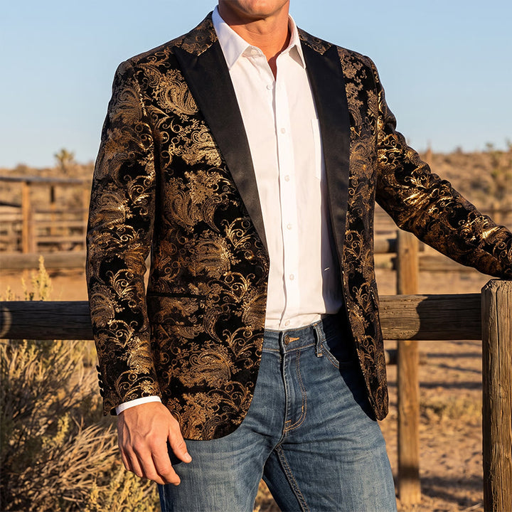 Luxuriöser Herrenblazer mit goldenem Jacquardmuster und Blumenmuster - image 0