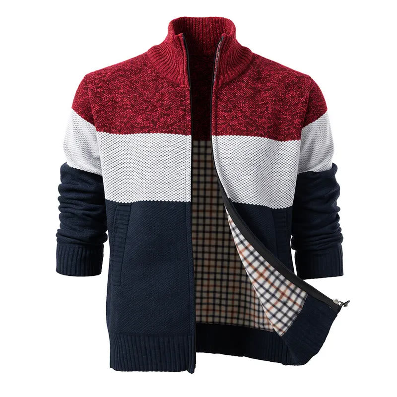 Herren-Strickjacke mit Farbblockmuster und Fleecefutter - Rot und Marineblau - 3XL - image 4
