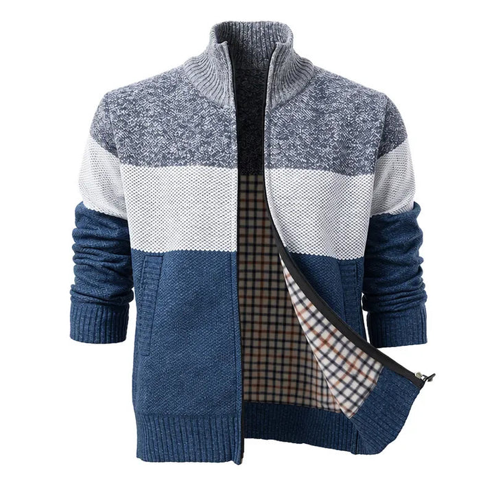 Herren-Strickjacke mit Farbblockmuster und Fleecefutter - Hellgrau - 3XL - image 2