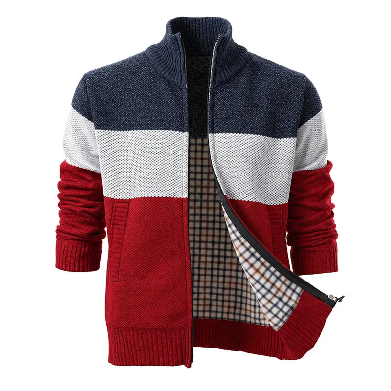 Herren-Strickjacke mit Farbblockmuster und Fleecefutter - Marineblau & Rot - 3XL - image 3
