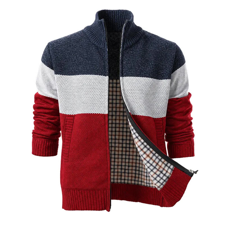 Herren-Strickjacke mit Farbblockmuster und Fleecefutter - Marineblau & Rot - 3XL - image 3