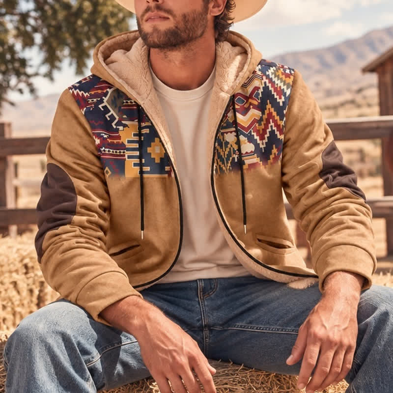 Herren-Vintage-Westernjacke im Azteken-Stil mit warmem Fleecefutter und Kapuze - Khaki - 4XL - image 0