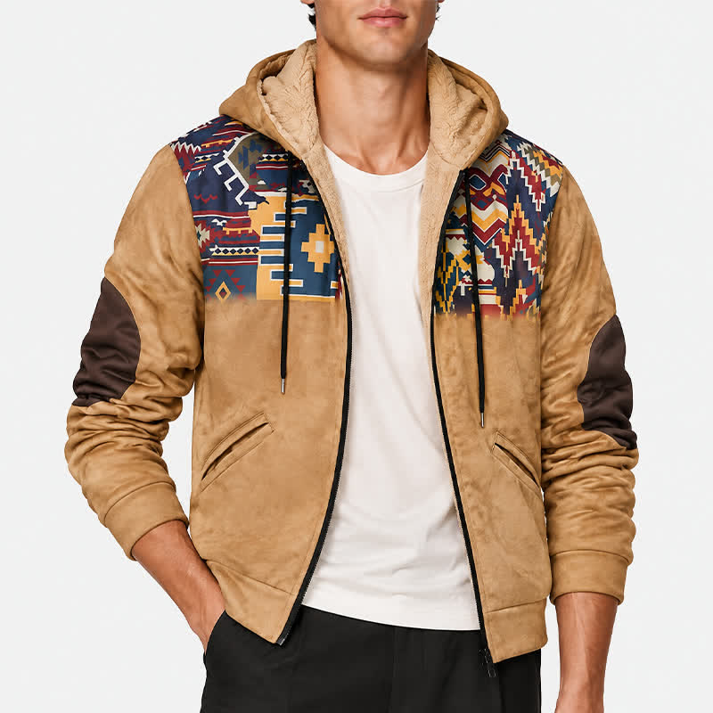 Herren-Vintage-Westernjacke im Azteken-Stil mit warmem Fleecefutter und Kapuze - image 1