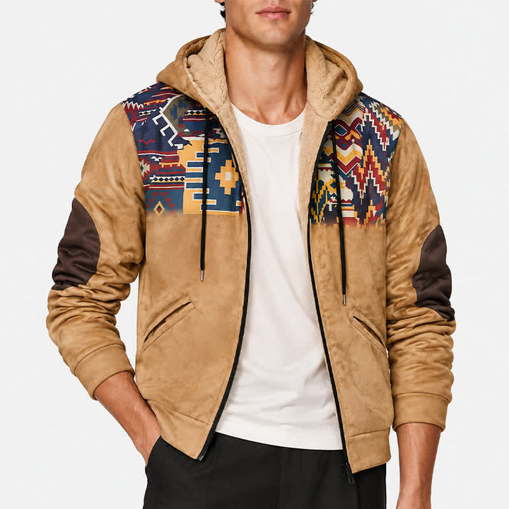 Herren-Vintage-Westernjacke im Azteken-Stil mit warmem Fleecefutter und Kapuze - image 1