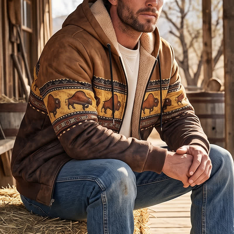 Winterarbeitsjacke mit Kapuze im Büffelmuster für Herren - Karamell & Braun - 4XL - image 0