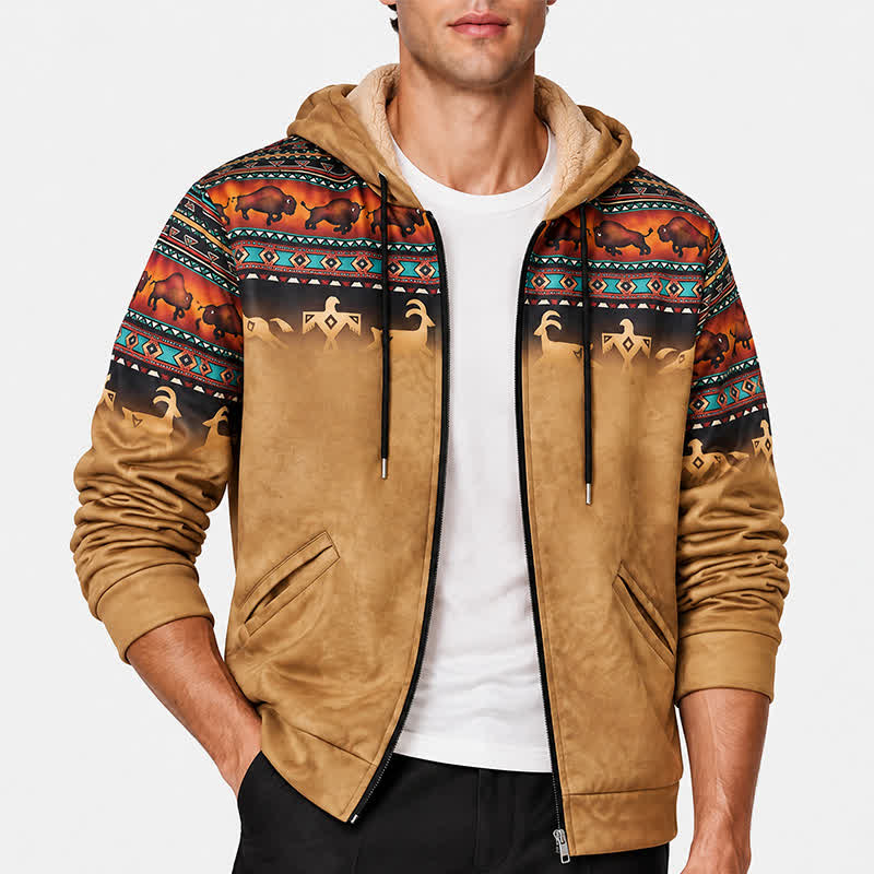 Herren-Kapuzenjacke mit 3D-Druck im Sunset Bison Tribal-Design, warmem Futter und warmem Futter - image 1