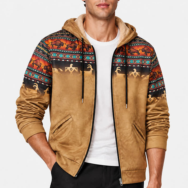 Herren-Kapuzenjacke mit 3D-Druck im Sunset Bison Tribal-Design, warmem Futter und warmem Futter - image 1