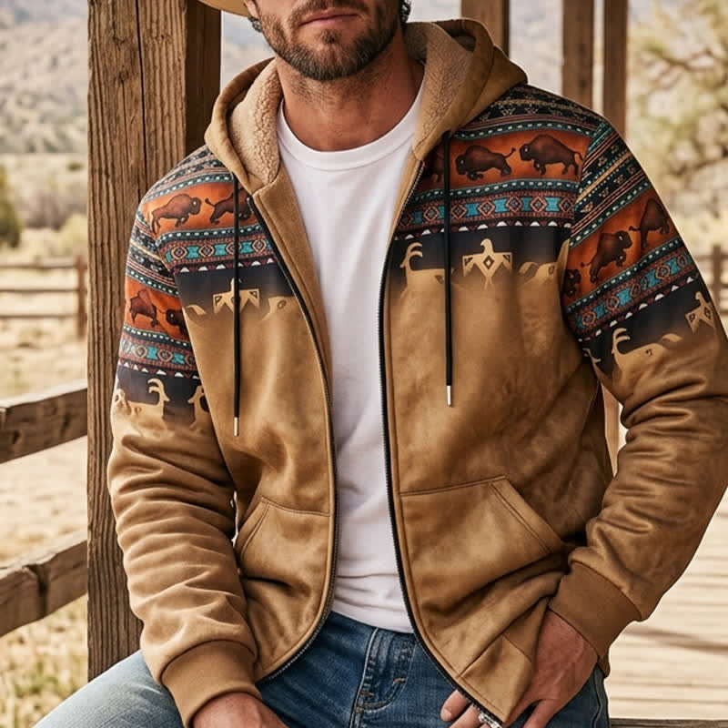 Herren-Kapuzenjacke mit 3D-Druck im Sunset Bison Tribal-Design, warmem Futter und warmem Futter - Dusty Tan - 4XL - image 0