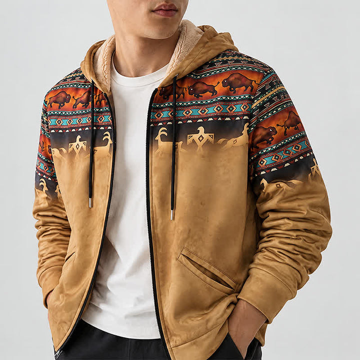 Herren-Kapuzenjacke mit 3D-Druck im Sunset Bison Tribal-Design, warmem Futter und warmem Futter - image 2
