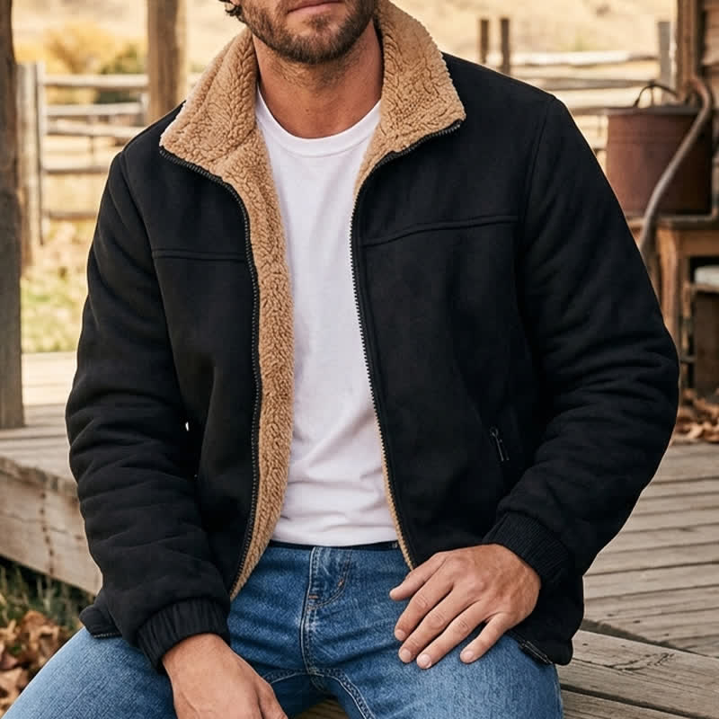 Dicke, thermische Herren-Winterjacke mit Reißverschluss und Stehkragen - Schwarz - 5XL - image 4