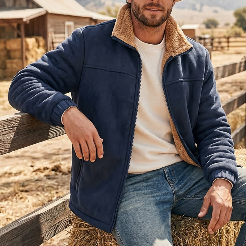 Dicke, thermische Herren-Winterjacke mit Reißverschluss und Stehkragen - Dunkelblau - 5XL - image 5