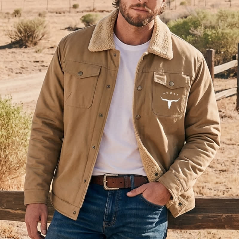 Herren-Westernjacke aus Canvas mit Stehkragen und Bullenprint. - Kaffee - 5XL - image 5