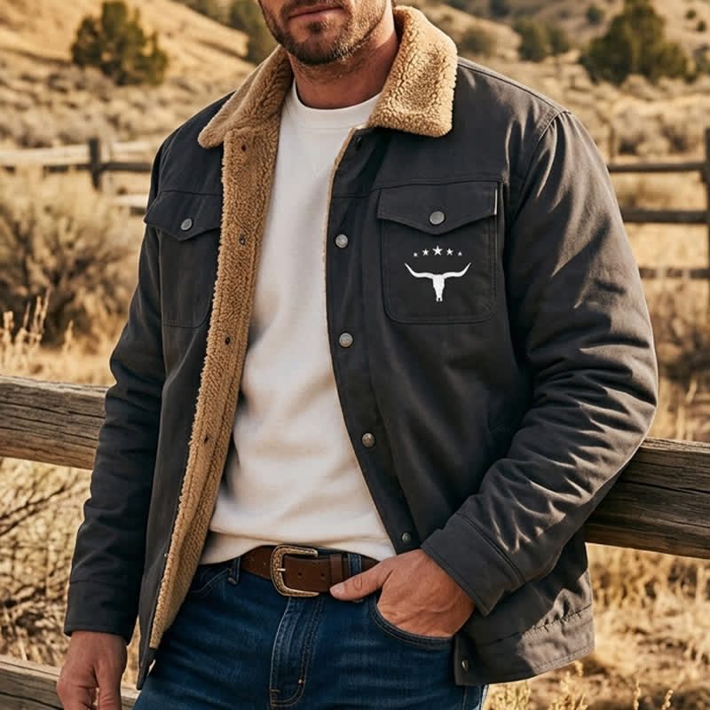 Herren-Westernjacke aus Canvas mit Stehkragen und Bullenprint. - Dunkelgrau - 5XL - image 3