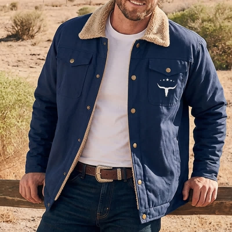 Herren-Westernjacke aus Canvas mit Stehkragen und Bullenprint. - Dunkelblau - 5XL - image 4