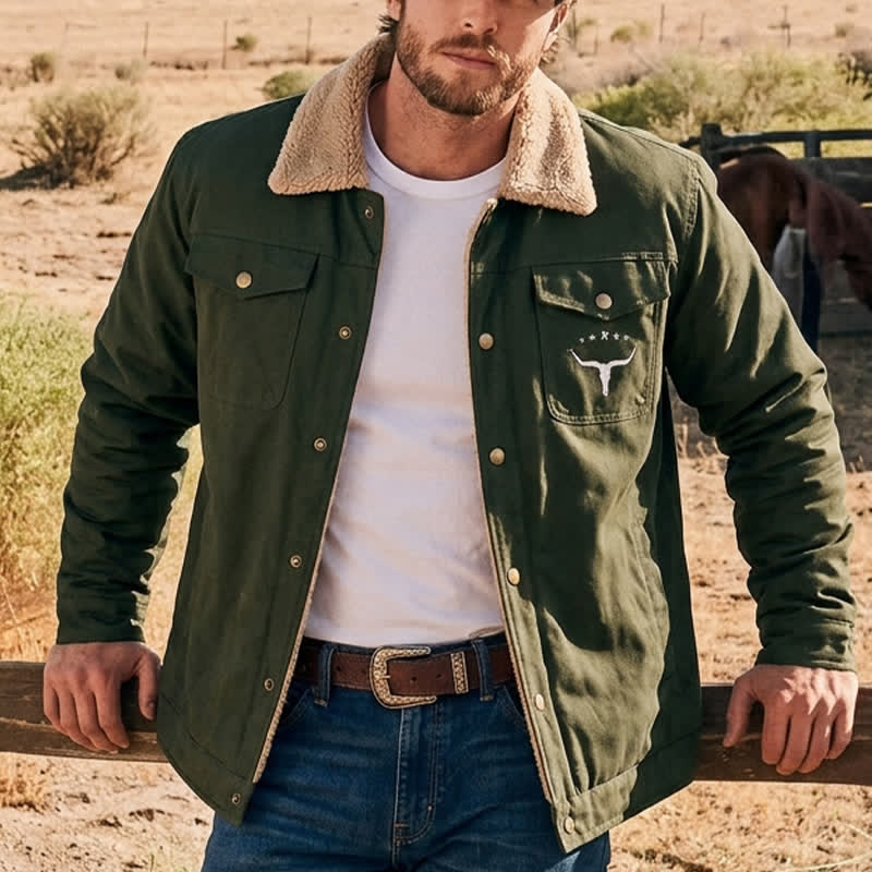 Herren-Westernjacke aus Canvas mit Stehkragen und Bullenprint. - Armeegrün - 5XL - image 6