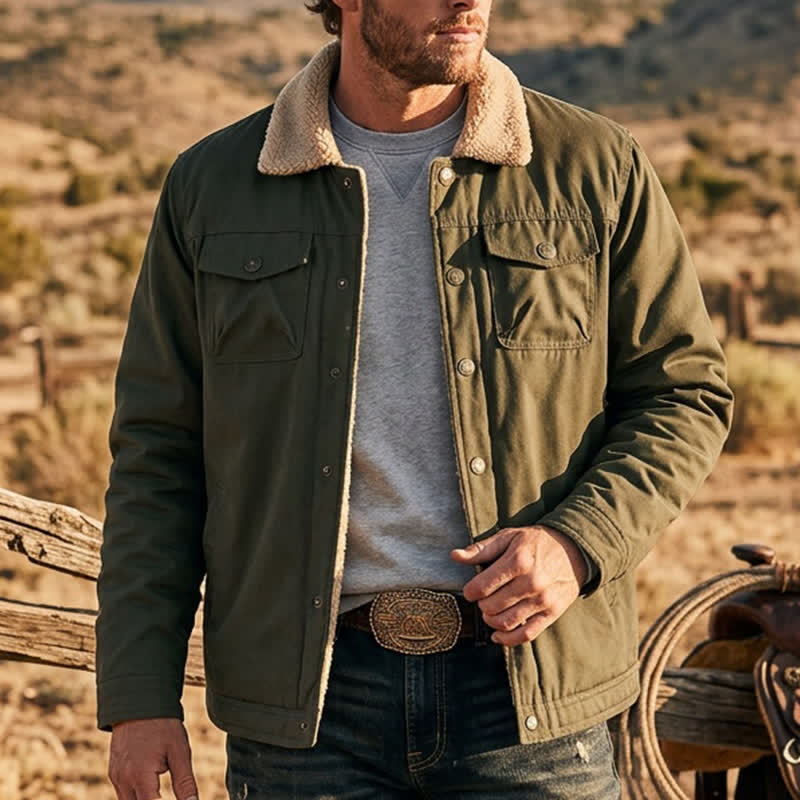 Vintage Herren Winter Truckerjacke aus dickem, warmem Canvas - Armeegrün - 5XL - image 8