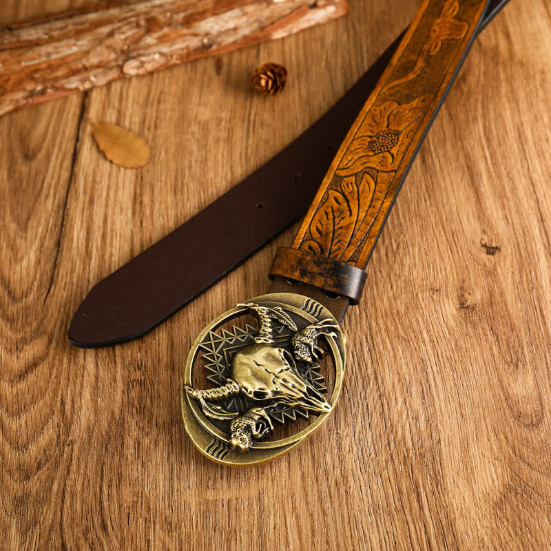 Herren Leder Gürtel mit Bullenskelett-Kopf Schnalle