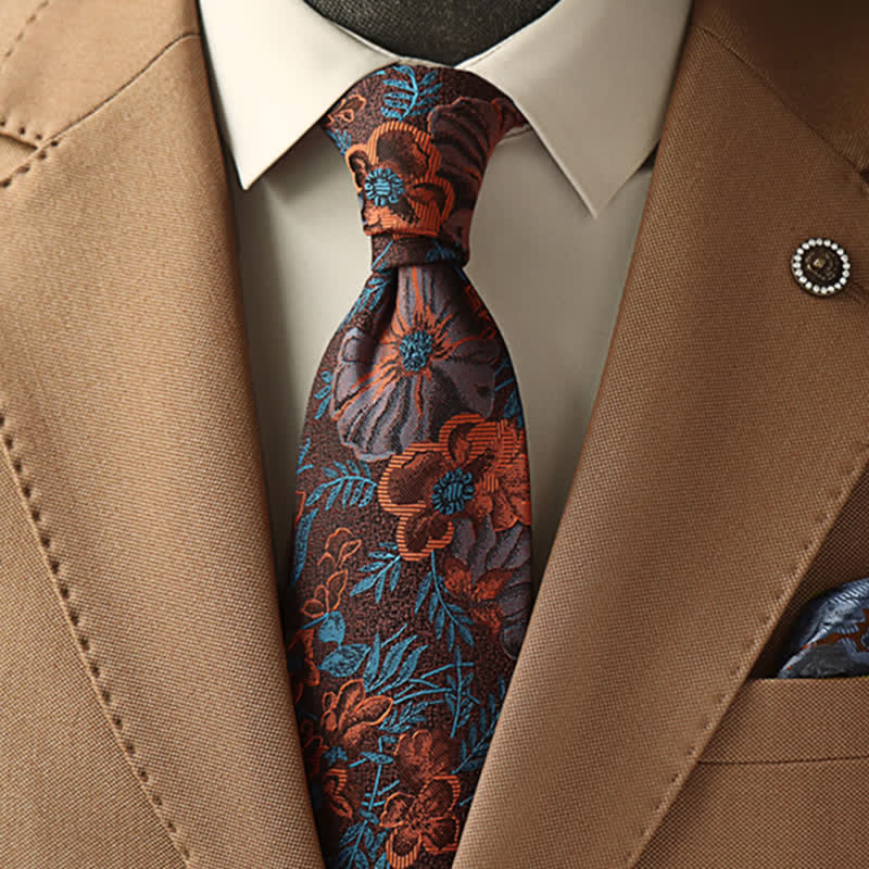 Herren Krawatte in Verbranntem Orange & Türkis mit Blumendekor - Orange - image 0