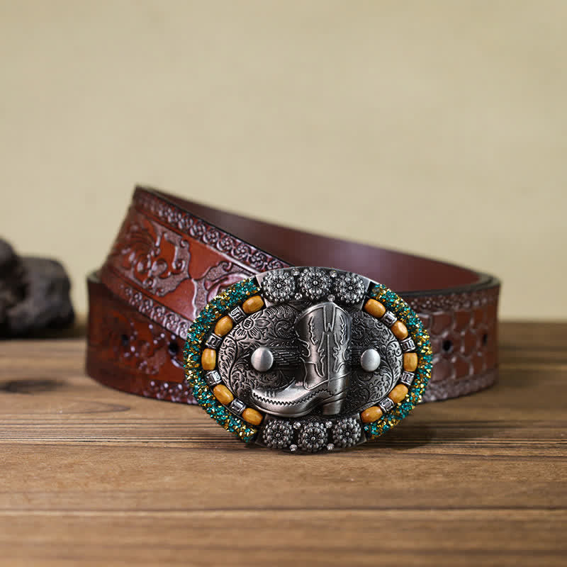 Herren-DIY-Holzperlen-Strass-Stiefelschnallenledergürtel