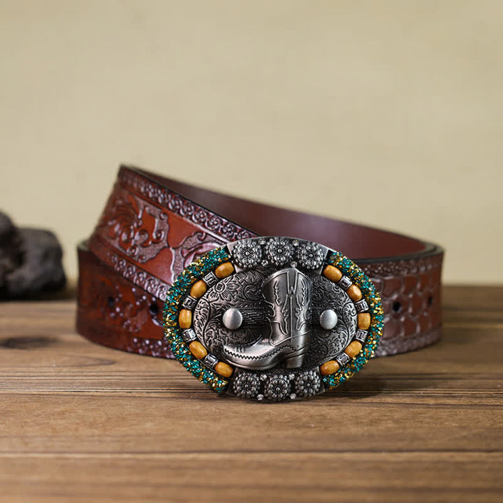 Herren-DIY-Holzperlen-Strass-Stiefelschnallenledergürtel