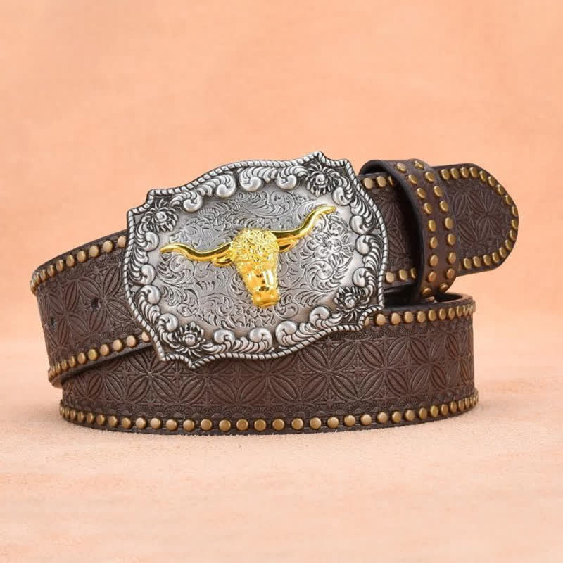 Herrengürtel aus goldenem Longhorn-Bullenleder mit Punknieten