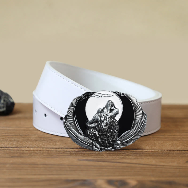Herren DIY Heulender Wolf Mond Oval Schnalle Ledergürtel