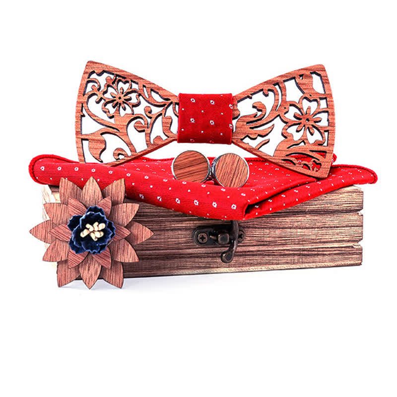 4-teiliges Herren-Set mit hohlen, floralen Holzfliegen