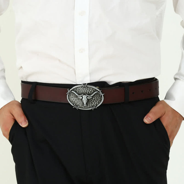 Herren DIY Cowboy Bullenkopf gehämmerte Schnalle Ledergürtel