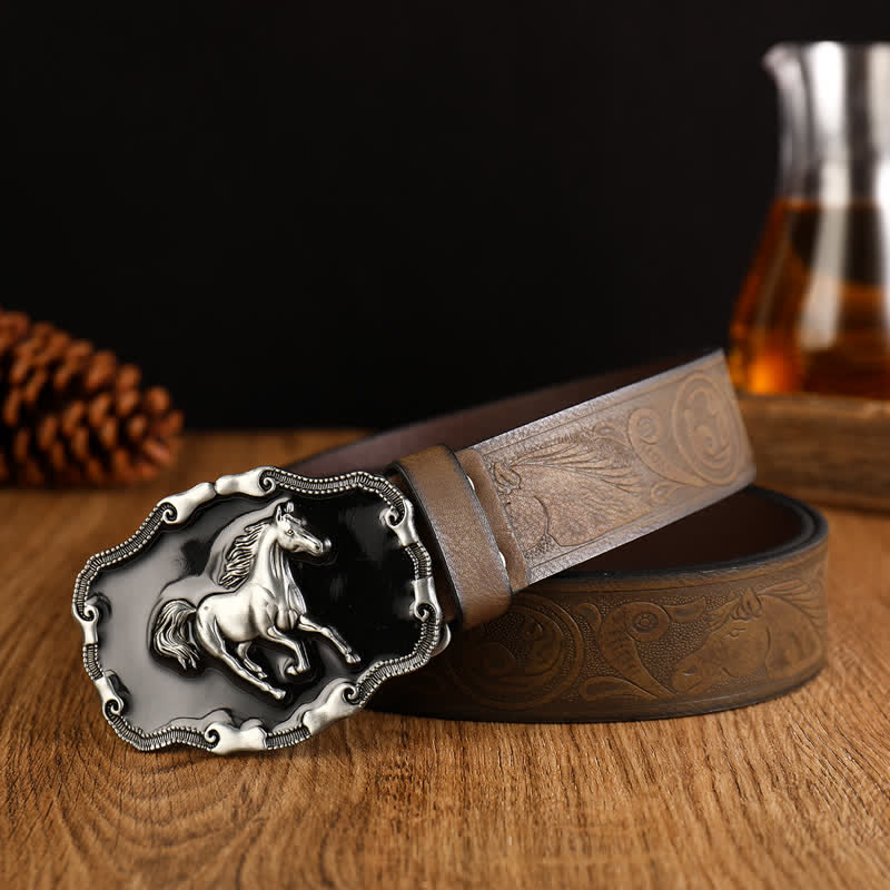 Schwarzer Leder-Gürtel für Herren mit silbernem Pferdemotiv - Stil #3 - 42 - image 5