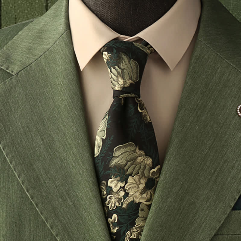 Herren Krawatte mit Einstecktuch in Kiefernwaldgrün mit Blumenmuster - Krawatte - image 0