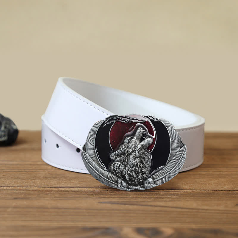 Herren DIY Heulender Wolf Mond Oval Schnalle Ledergürtel