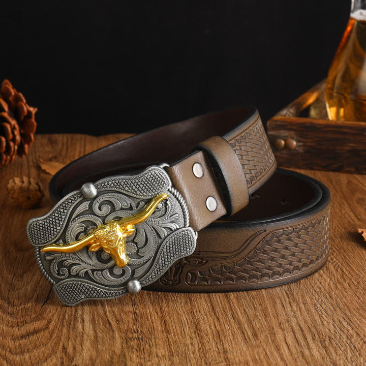 Herren quadratischer Gürtel aus goldenem Longhorn-Bullenleder