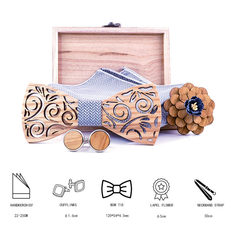 4er Set Herren Holzkrawatte im hohlen Blattdesign