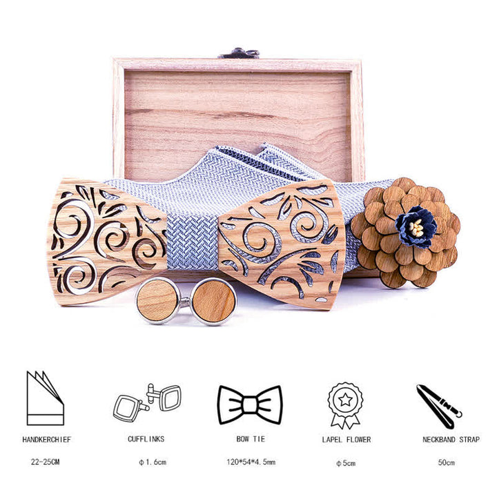 4er Set Herren Holzkrawatte im hohlen Blattdesign