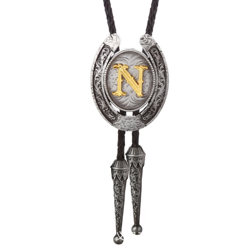 Moderne Western-Hufeisen Anfänglicher Buchstabe A bis Z Bolo Tie - Silber - N - image 43