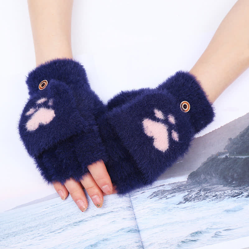 Warme flauschige Fausthandschuhe für Frauen mit Katzenpfotenmuster