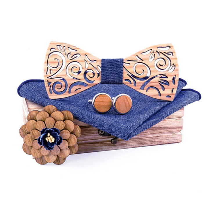 4er Set Herren Holzkrawatte im hohlen Blattdesign