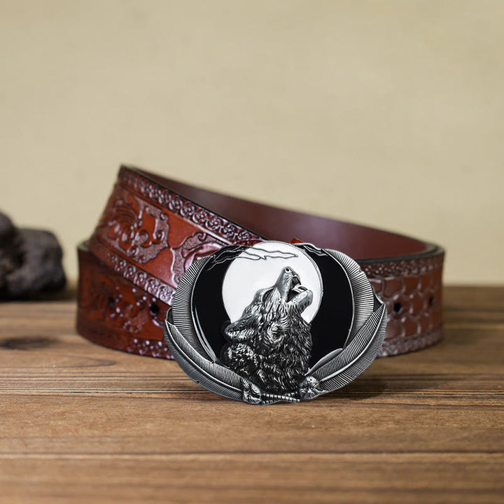Herren DIY Heulender Wolf Mond Oval Schnalle Ledergürtel
