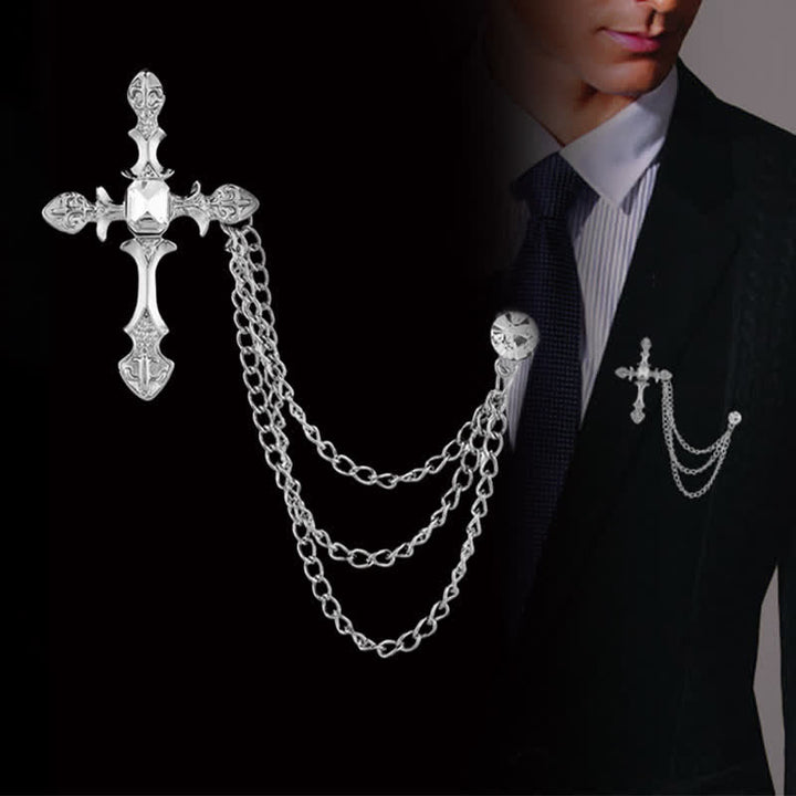Klassische Kreuz-Kristallketten-Brosche für Männer - Silber & Weiß - image 5
