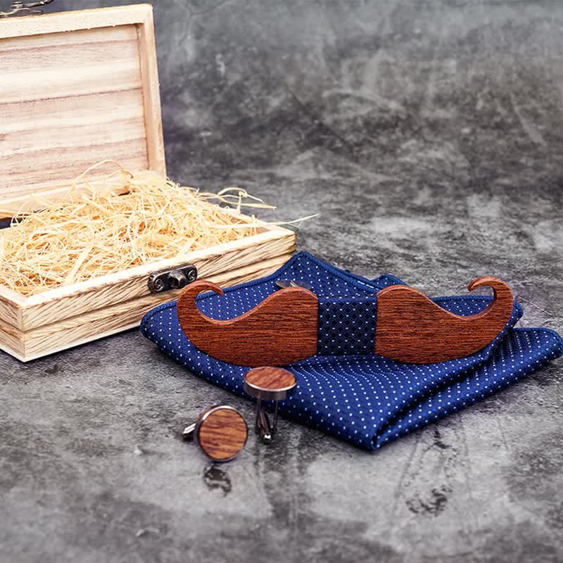 3tlg. Set aus Holzfliegen mit Schnurrbart für Herren
